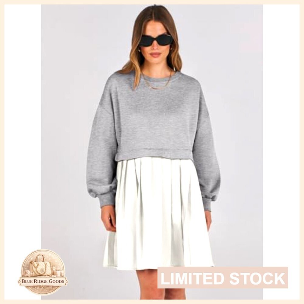 Oversized Sweatshirt Dress Long Sleeve Pleated Patchwork Mini Casual Pullover - Picture 5 of 7